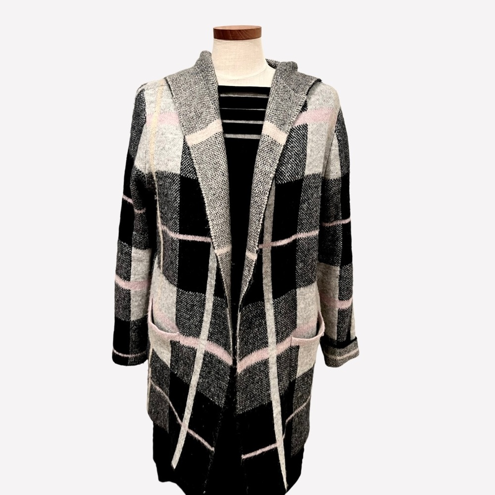 Marled Plaid Hooded Cardigan Jacket Black Pink Grey Sz M